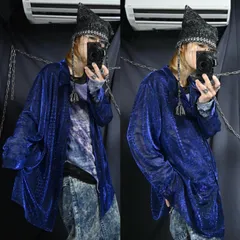 USED See-through Shiny Blue Crocodile Full Graphics L/S Open Collar Shirts シースルー シャイニーブルー 光沢 ラメ  クロコダイル 総柄 グラフィック 長袖 オープンカラーシャツ