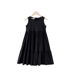 ☆ ブラック ☆ 150cm ☆ キッズ ワンピース ロング ノースリーブ シンプル おしゃれ ワンピース キッズ ロング ノースリーブ 夏 袖なし Aライン フレアワンピース 子供服 女の子 かわいい おしゃれ 上品 きれいめ キッズワンピ ゆったり