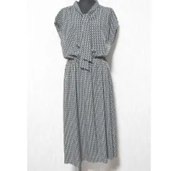 美品 UNTITLED アンタイトル ジオメ柄 フレンチスリーブワンピース ボウタイ ロングドレス 153-54601 2 グレー レディース 古着 中古 USED