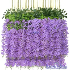 藤の花 造花 12本入 人工藤花 人工観葉植物 枯れない花 緑の葉 つり下げ 花飾り ベランダ ガーデン 結婚式 パーティー 壁装飾674
