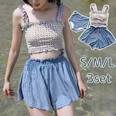 水着 レディース ビキニ 3点セット ブルー ハイウエスト 小胸 セクシー 可愛い パンツ付き 体型カバー 袖付きビキニ 着痩せ パッド付