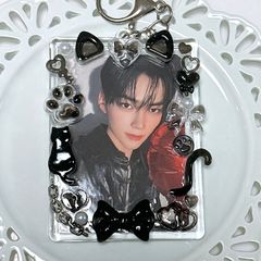 トレカケース デコ キーホルダー付 猫 ブラック りぼん