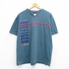 XL/古着 トミーヒルフィガー トミージーンズ 半袖 ビンテージ ブランド Tシャツ メンズ 90s ビッグロゴ コットン Vネック 紺系 ネイビー sp