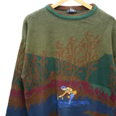 FOX ニット セーター 釣り 刺繍 総柄 M メンズ 古着