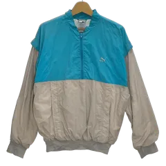 PUMA/プーマ MMQ　ハーフジップ プルオーバー ナイロンジャケット ユーロ ライトアウター 長袖 ロンT ワンポイント刺繡 メンズ 6 ライトブルー/アイボリー