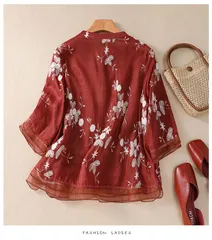 綿麻風ブラウス シャツ ブラウス レディース 七分袖 春 夏 花柄 刺? シャツブラウス 総柄 トップス 大きいサイズ ゆったりチュニック 半袖 ナチュラル シャツ おしゃれ Tシャツ きれいめ 体型カバー カジュアル ナチュラル 森ガール mansi05
