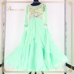 社交ダンス 衣装 スタンダードドレス スタンダード ワンピース ドレス デモ 競技 レース ミント ライトグリーン ダンス レース グリーン系 パーティ 発表会 ライトグリーン系 上品 スカート3枚重ね レースデザイン 競技用ドレス ダンス用