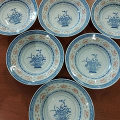 中国景徳鎮　蛍焼　青花　花図　深皿　6枚セット