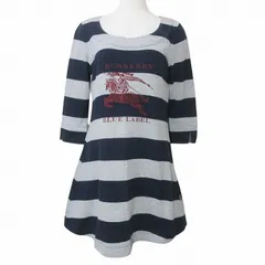 バーバリーブルーレーベル BURBERRY BLUE LABEL カットソー ワンピース ひざ丈 7分袖 ボーダー Aライン フロッキープリント ラウンドネック 38 M相当 ネイビー グレー X