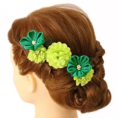 髪飾り 成人式 つまみ細工 振袖 前撮り 袴 浴衣 夏祭り 花火大会 豪華3点セット 緑 黄緑 ちりめん ヘアアクセ かんざし ヘッド No.9-3693