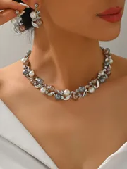 ジュエリー レディース セット 真珠とラインストーンのフラワーネックレス&ピアスジュエリーセット3点入り、結婚式、卒業式、バレンタインデー、クリスマス、教師の日、母の日、パーティー、晩餐会、記念日、デート、ブライダ