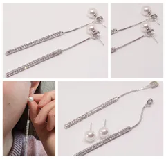 18K RGP プラチナ ダイヤ CZ パール ロング ピアス yp4934