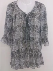 ◇ MICHEL KLEIN ネックリボン 総柄 ウエストゴム 長袖 ブラウス カットソー サイズ38 ブラック ホワイト レディース  【中古】 【1206010001634】