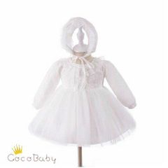 セレモニードレス 冬 退院 女の子 新生児 ベビードレス 長袖 結婚式 女 ホワイト 刺繍 チュールドレス ベビー 赤ちゃん 退院 セレモニー ドレス 秋 春 コットン ボンネット付 帽子 60 70 cocobaby