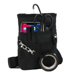 4WAY ミニサコッシュ カラビナ ベルトポーチ ミニショルダー スマホポーチ シザーバッグ ナースポーチ 介護ポーチ 作業ポーチ 腰袋 スマホ2台持ち対応 A6ノート ウエストベルト ショルダーベルト付き 撥水 防傷加工 A6ノー [ブラック] [Sサイズ]