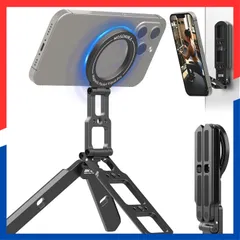 【特価商品】1/4インチネジ穴＆アーカベース付き 卓上三脚 セルフィー/生放送/撮影録画/動画鑑賞に最適 横置き/縦置き 角度調整可能 ポケットサイズスタンド マグセーフ 旅行・ジム用 スマホスタンド 360度回転 ダブルマグネットマウント 両面マグネット ア