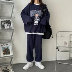 セットアップ レディース 裏起毛 スウェット 上下セット クマ 可愛い カジュアル ゆったり 熊柄 春秋 冬大きいサイズ