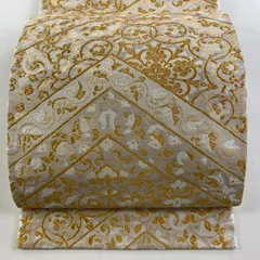 【美品】 袋帯 逸品 河合美術織物 落款 鈴乃屋 華文 花唐草 金糸 唐織 金色 六通 正絹 【中古】