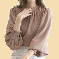 【人気商品】[7-livehouse] ブラウス レディース 長袖 シャツ おしゃれ バルーン袖 トップス 立ち襟 シフォンシャツ 無地 上品 きれいめ パフスリーブ ギャザー フリル 爽やか ゆったり カジュアル 入学式 卒業式 オフィス 通勤 春 夏 秋