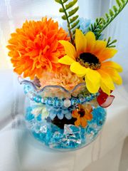 【#109】アーティフィシャルフラワーアレンジメント　向日葵　常夏　サマー　金魚鉢　ヒマワリ　ビタミンカラー　ひまわり　紫陽花　アジサイ　ハンドメイド　造花　フラワーアレンジメント