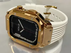 ローズホワイト　アップルウォッチバンド ラバーベルト ステンレス カバー　Apple Watch ケース 44mm 45mm 4 5 6 7 8 9 se メンズ レディース スポーツ  ホールバックルモデル