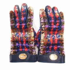グッチ GUCCI インターロッキングG ミックスツイードグローブ レザー切替 手袋 カシミヤ シープスキン M 青 ブルー マルチカラー /TZのサムネイル