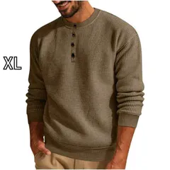 [XL]秋冬 コーデ メンズ  服 シンプル ファッション オシャレ 大人 かっこいい 大きいサイズ ストリート 紳士服  ソリッドカラー カジュアル ラウンドネック 長袖 ワッフル ヘンリー カラー トップス T シャツ