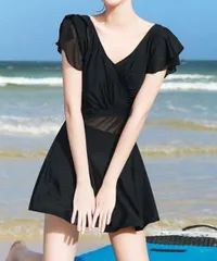 【盛れる韓国風】透かしVネックワンピース水着 フレア袖 体型カバー セクシー ワンサイズ
