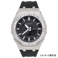 G-SHOCK GA2100 メタル カスタム フロステッド バゲッドカットCZベゼル ラバーバンド カシオーク ブラックベルト ステンレス製 艶消しモデル Frosted Edition CASIOAK シルバー