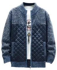 [アスペルシオ] 長袖 スタイリッシュ フルジップ ニット ジャケット メンズ アウター スタンドカラー 異素材 v系 裏フリース ヒップホップ ダンス ブルゾン ジップアップ 裏起毛 切り替え ストリート ニットジャケット キルティ [ジェイブルー] [L]