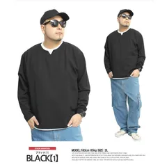 【新品】【2L～6L ブラック【1】】 長袖 Tシャツ メンズ 大きいサイズ ワッフル素材 キーネック フェイクレイヤード カットソー 長袖Tシャツ ロンT キーネックTシャツ Vネック キレイめ