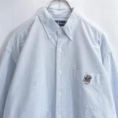 リサイズ 90s Ralph Lauren ポロベア 刺繍 デザイン ストライプ オックスフォード BDシャツ POLO ヴィンテージ 長袖 ロゴ刺繍 ビンテージ USA アメリカ古着 メンズXL相当