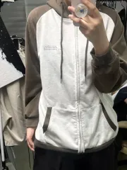 茶色 バイカラー ジップアップパーカー フード付き