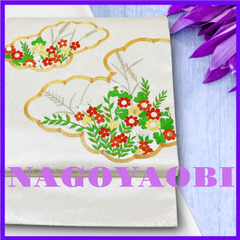 365★正絹　9寸名古屋帯　金駒刺繍の熊取りに可愛い花模様