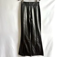 レザーパンツ フレアロング合成皮革PU 黒ブラック無地光沢感　non hedge