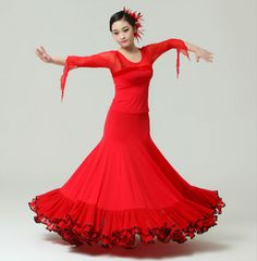 社交ダンススカート スタンダード ロングスカート スカート フレアスカート フラメンコ衣装 ベリーダンス ラテン 社交ダンス衣装 ステージ モダン タンゴ スカートのみ 単品 競技着 発表会 レッド 赤 Mサイズ 練習着 イベント 舞台衣装 dm147d3
