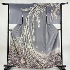 辻が花 作家物落款 正絹 着物 ちりめん“花々や鶴の流れ”訪問着 O-52