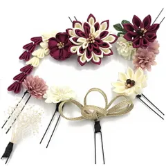 髪飾り 成人式 水引 つまみ細工 赤紫 ゴールド 振袖 袴 花 白 ちりめん 組紐 さがり かすみそう 7点セット 着物 和装 かんざし No.9-5502