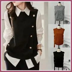 ニットベスト グレー ブラウン ブラック レディース ノースリーブ セーター ボタン付 トップス キレイめ おしゃれ レイヤード