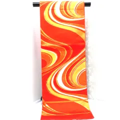 袋帯 オレンジ 金 銀 流線デザイン 六通柄 正絹 仕立て上がり フォーマル 長さ427cm