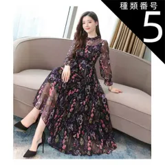 種類5：ブルー/XL 花柄 シフォン ワンピース フレアワンピース 膝下 ミモレ ミモレ丈 7分丈 ミディアム丈 袖あり ボリューム袖 ハイネック プチハイネック フレア チュール シフォン ウエストマーク 透け感 シースルー かわいい 大人可愛い きれいめ 