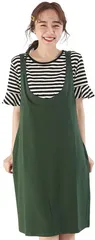 my Spica 授乳口つき ボーダー Tシャツ サロペット スカート セットアップ マタニティ 半袖 産前産後 妊婦服 授乳服 体型カバー( グリーン,  Free Size)