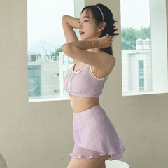Marielou set（マリウーセット）｜Lenique polewear（レニーク　ルニーク）Lilac（ライラック／紫／パープル）　ポールダンスウェア　かわいい　おしゃれ　レッスン着　大人　韓国ウェア　水着　エアリアル　シルク