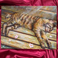 猫絵画　【1点物】動物の絵　猫寝てる絵　画家出品　painterTMK真筆　モフモフ動物