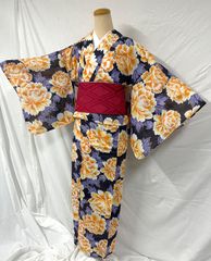 注染浴衣◇紺地に橙色の細やかな点描花柄 手挿し 本染 夏物 - メルカリ