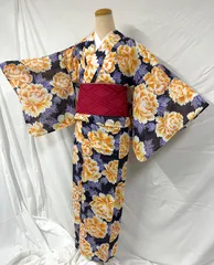 【新品未使用】　匿名配送　レディース　浴衣　黒　オレンジ　紫　牡丹　柄　p