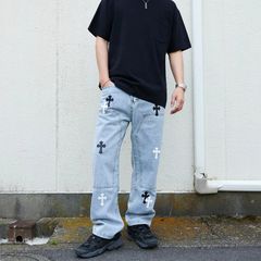 新品未使用 クロスパッチ ダブルニーデニムパンツ 十字架 おしゃれ
