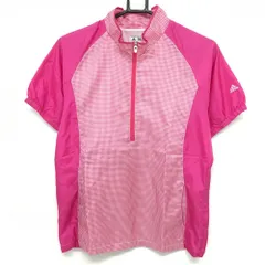 【超美品】アディダス 半袖ブルゾン ピンク×白 チェック柄 裏地メッシュ 袖口ボタン レディース OT/XG ゴルフウェア adidas