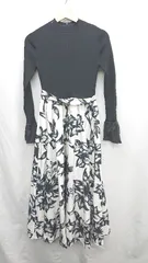 ◇ Θ MERCURYDUO ニット素材 長袖 ロング丈 タフタスカートワンピース サイズ M ブラック ホワイト レディース E  【1410290035511】