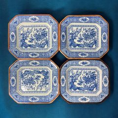 【4客セット】染付 八角皿 [松竹梅草花文] 打ち出の小槌 トレー 角皿 小皿 盛り皿 飾り皿 古美術 和食器 骨董品 アンティーク